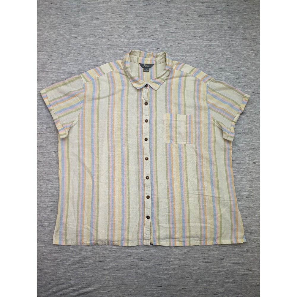 Relaxed Short-Sleeve Button Front Top in Pastel Stripe